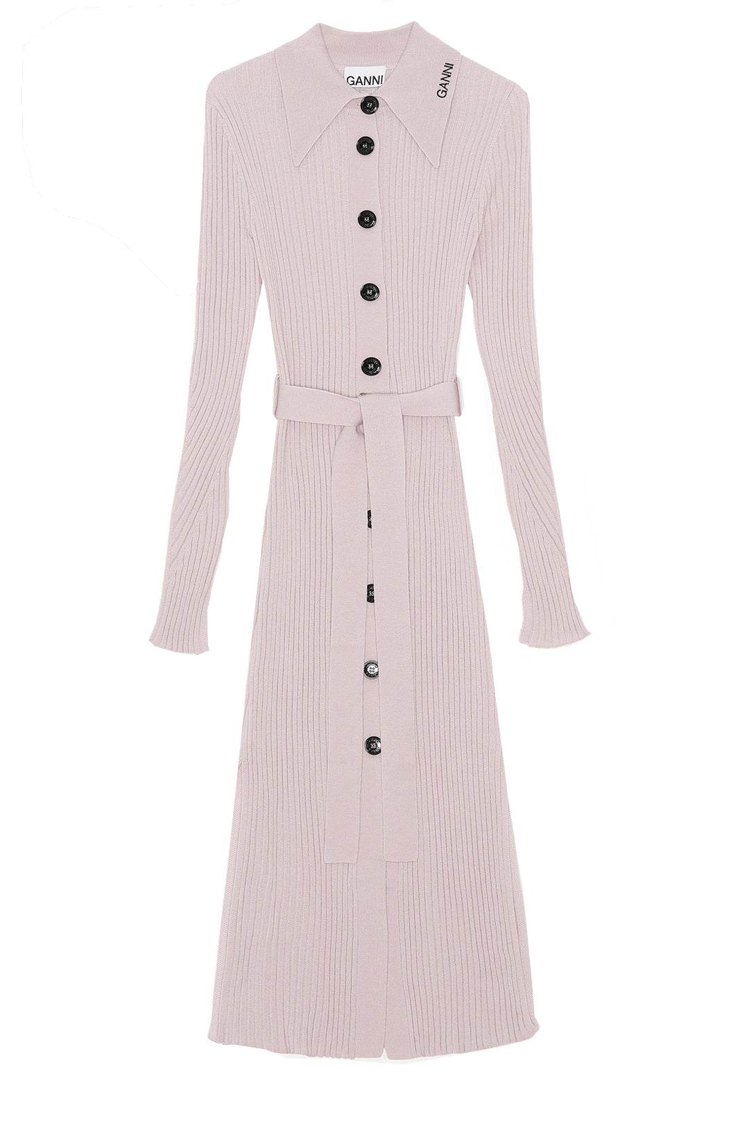 GANNI Pointed-Collar Ribbed Merino Wool Midi Dress