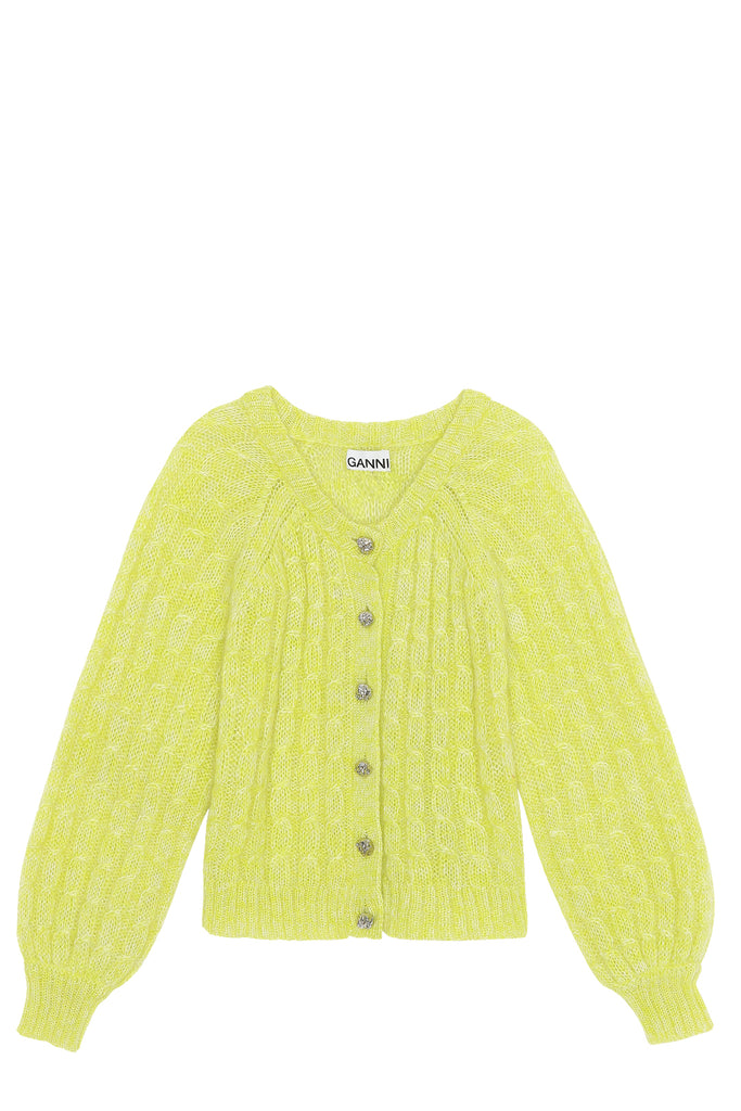 Puff-Sleeve Cable-Knit Mohair-Blend Cardigan