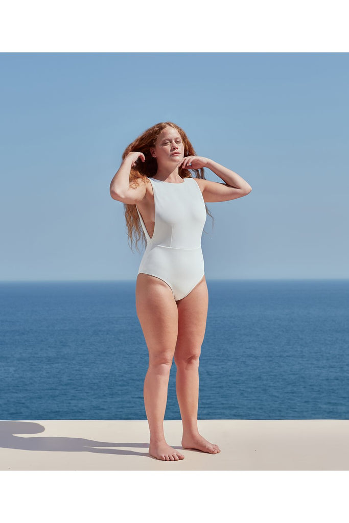 White Maria banded-waist crepe swimsuit, Haight