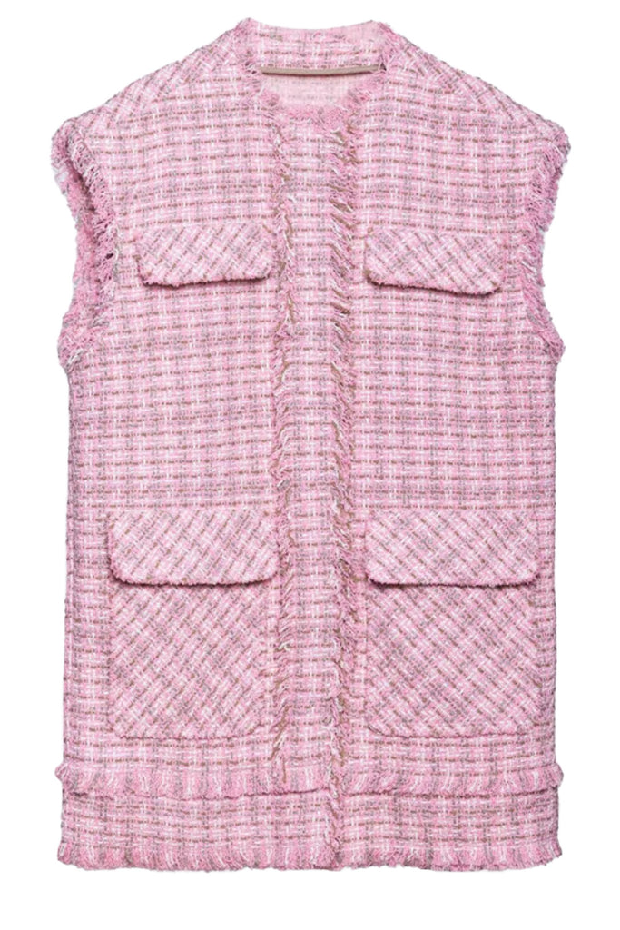Sleeveless Tweed-Print Cotton-Blend Jacket