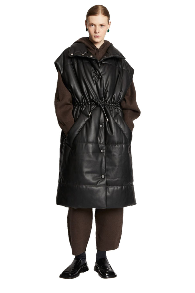 Black Faux Leather Pocket Front Hooded Midi Puffer